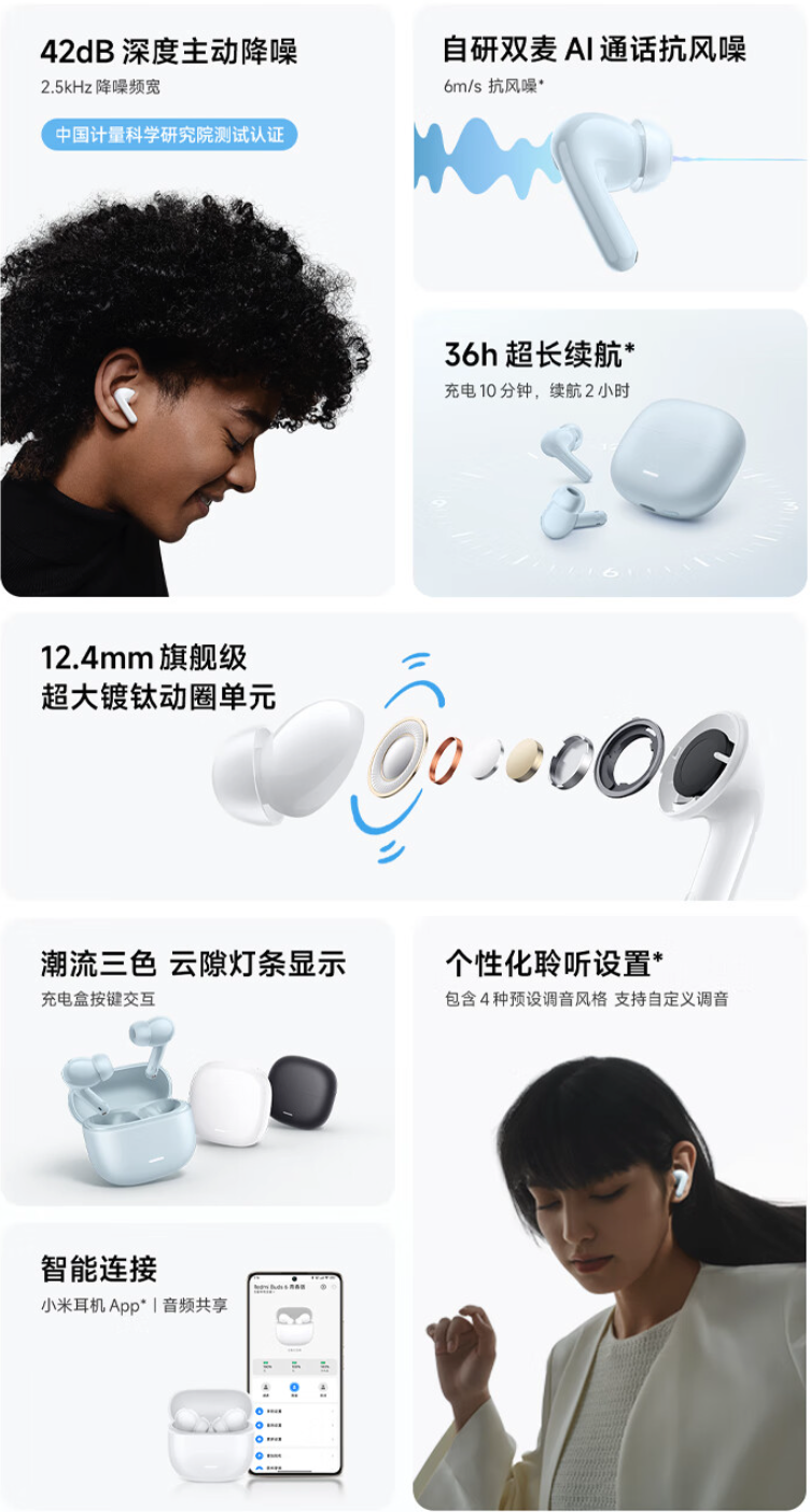 小米推出 Redmi Buds 6 青春版耳机：42dB降噪、36小时长续航、12.4mm动圈