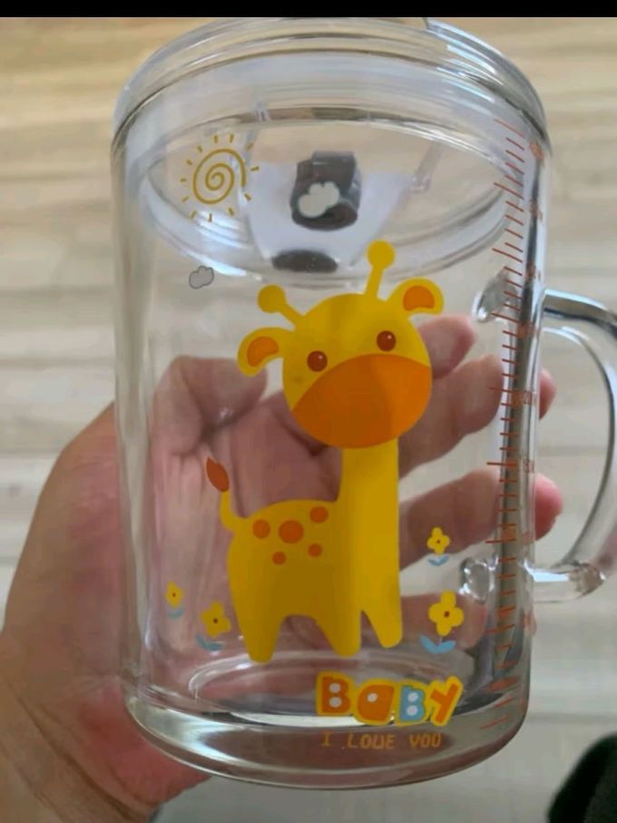 网红带刻度吸管玻璃杯大人奶茶儿童牛奶果汁水杯可爱玻璃杯子 长颈鹿