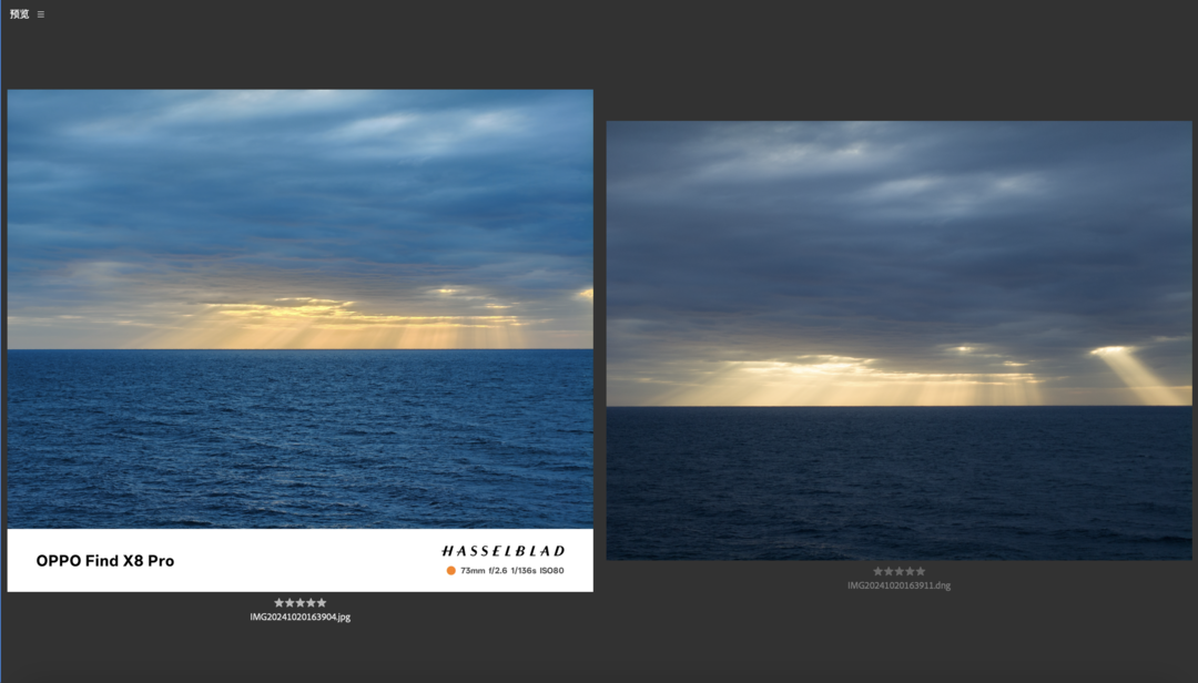 左：OPPO Find X8 Pro 直出样张；右：RAW照片原图
