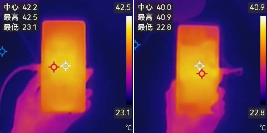 左：30分钟游戏正面温度；右：30分钟游戏背面温度