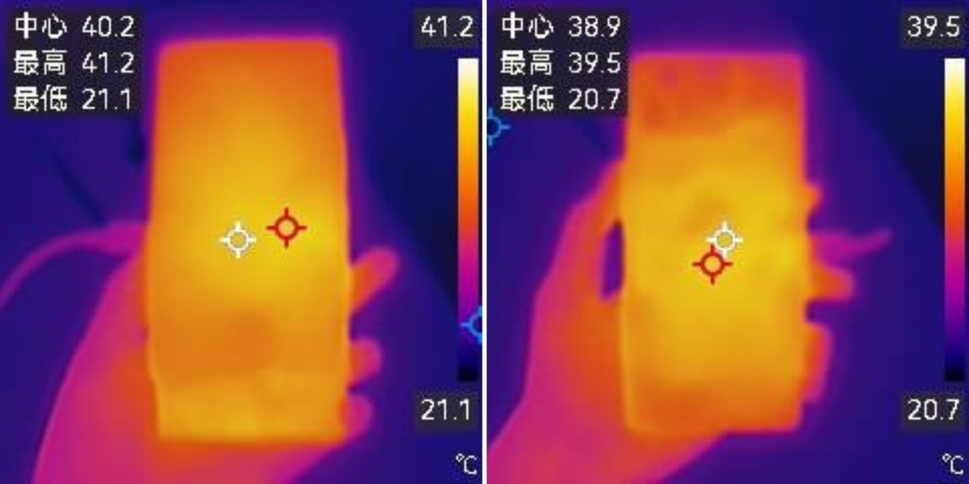 左：60分钟游戏正面温度；右：60分钟游戏背面温度