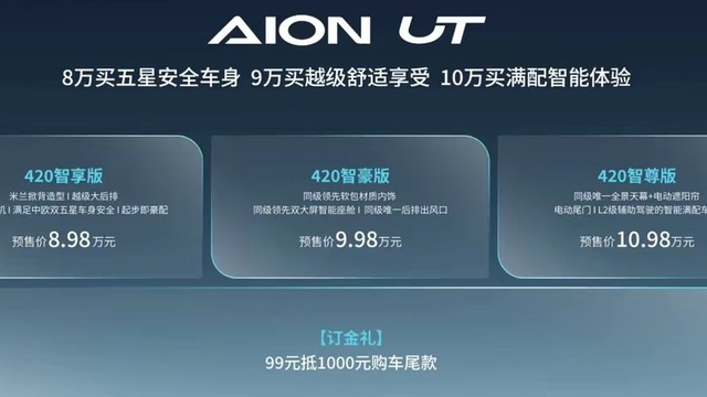 广汽埃安AION UT开启预售 8.98万元起步