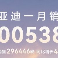 比亚迪1月销量超30万辆，中国销冠。